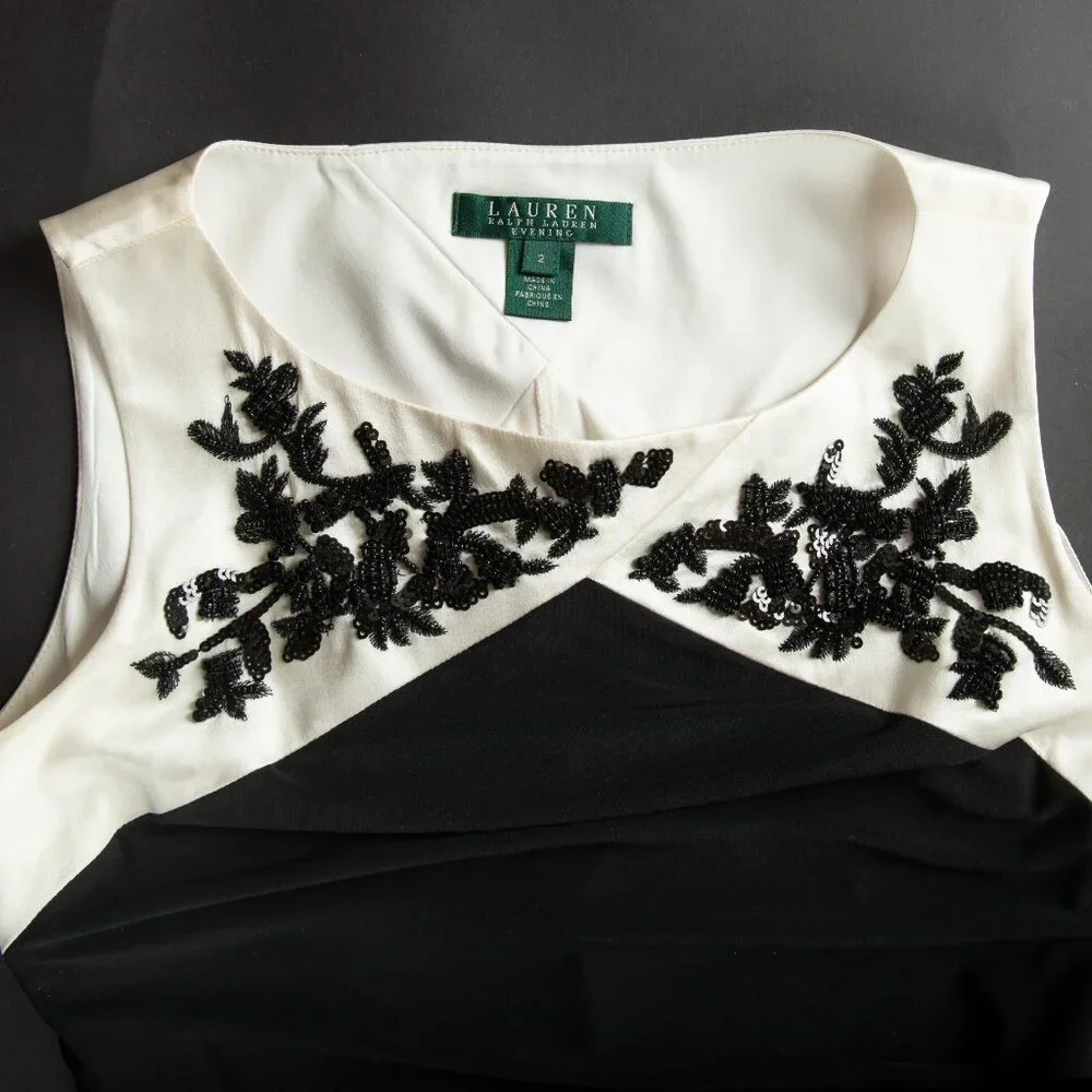 Lauren Ralph Lauren Evening Gown Black and White Embroidered Bodice 2 - Picture 8 of 13